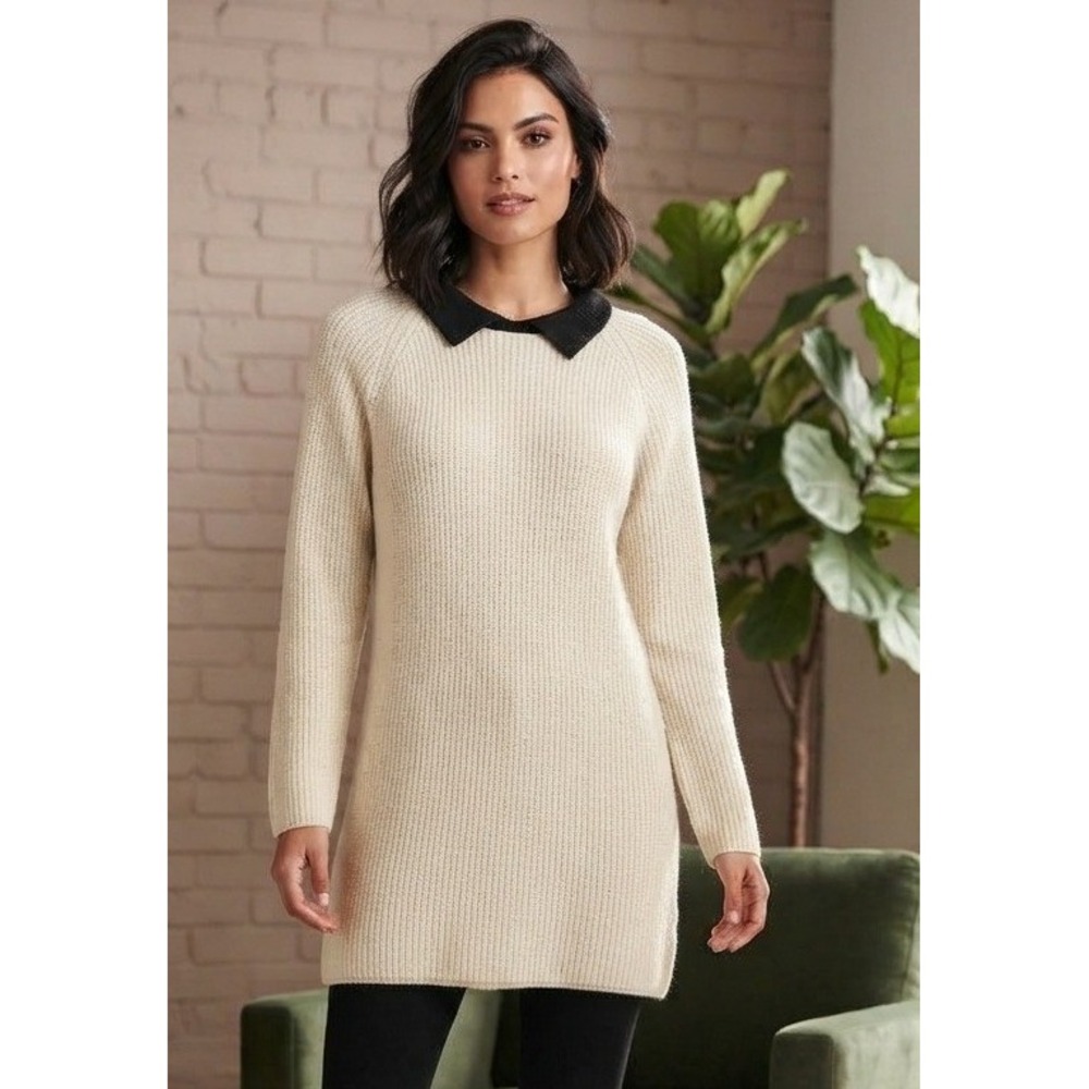 Browny Ribbed Knit Long Sleeve Sweater Dress Contrast Collar Free Size Cream